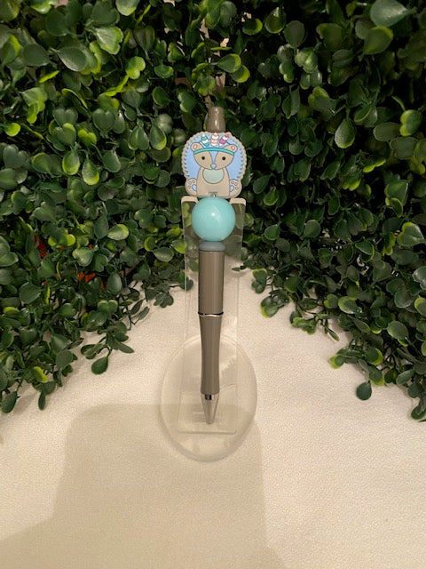 Blue Hedgehog Beaded Pen- Grey w/Blue Bead